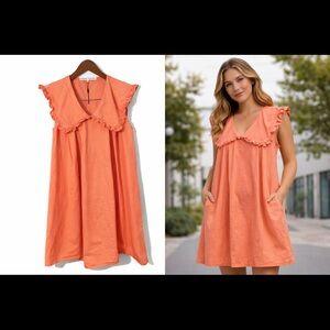 English Factory Coral Ruffle Collar Mini Dress Size L